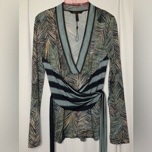 BCBGMAXAZRIA Faux Wrap Top Multicolored Long Sleeve V Neck NWOT Small